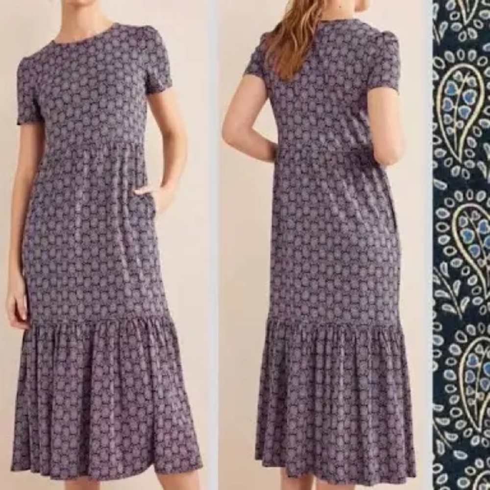 Boden Emma tiered jersey midi dress in a French navy paisley print 8L